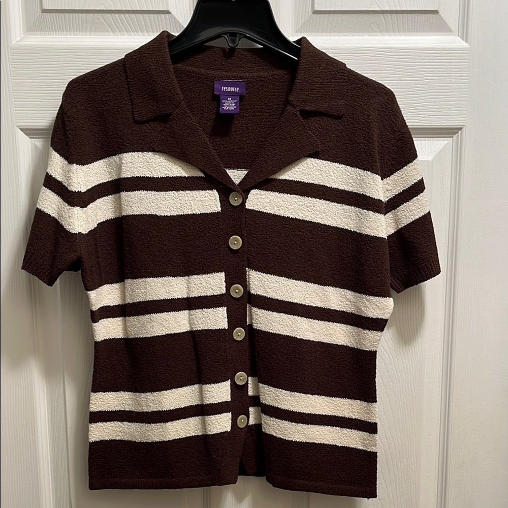 Brown and White Striped Cardigan Sweater